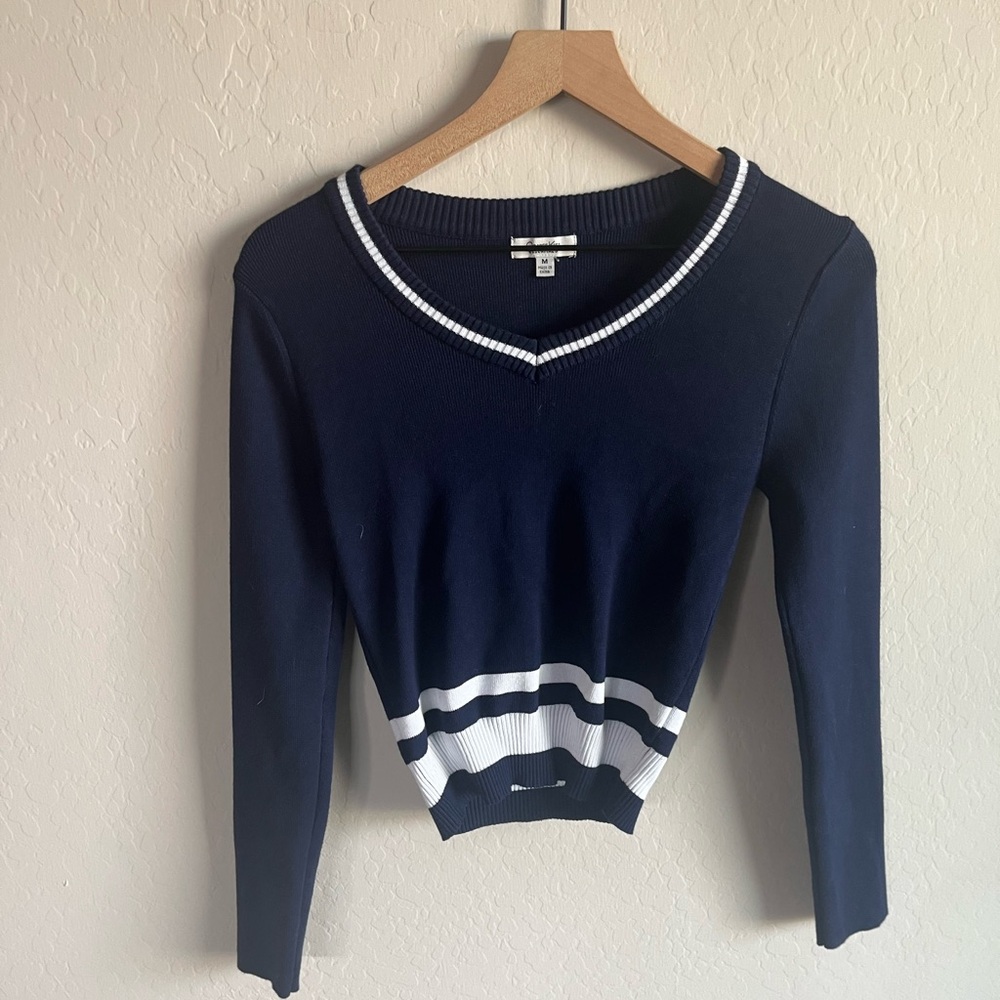 Women’s Navy White V Neck Sweater Size M Y2K Preppy 90s Nautical Staple School